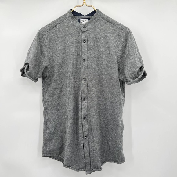Zara Men's Collarless Gray Button Up Slim Fit Shirt Size Large - Picture 1 of 6